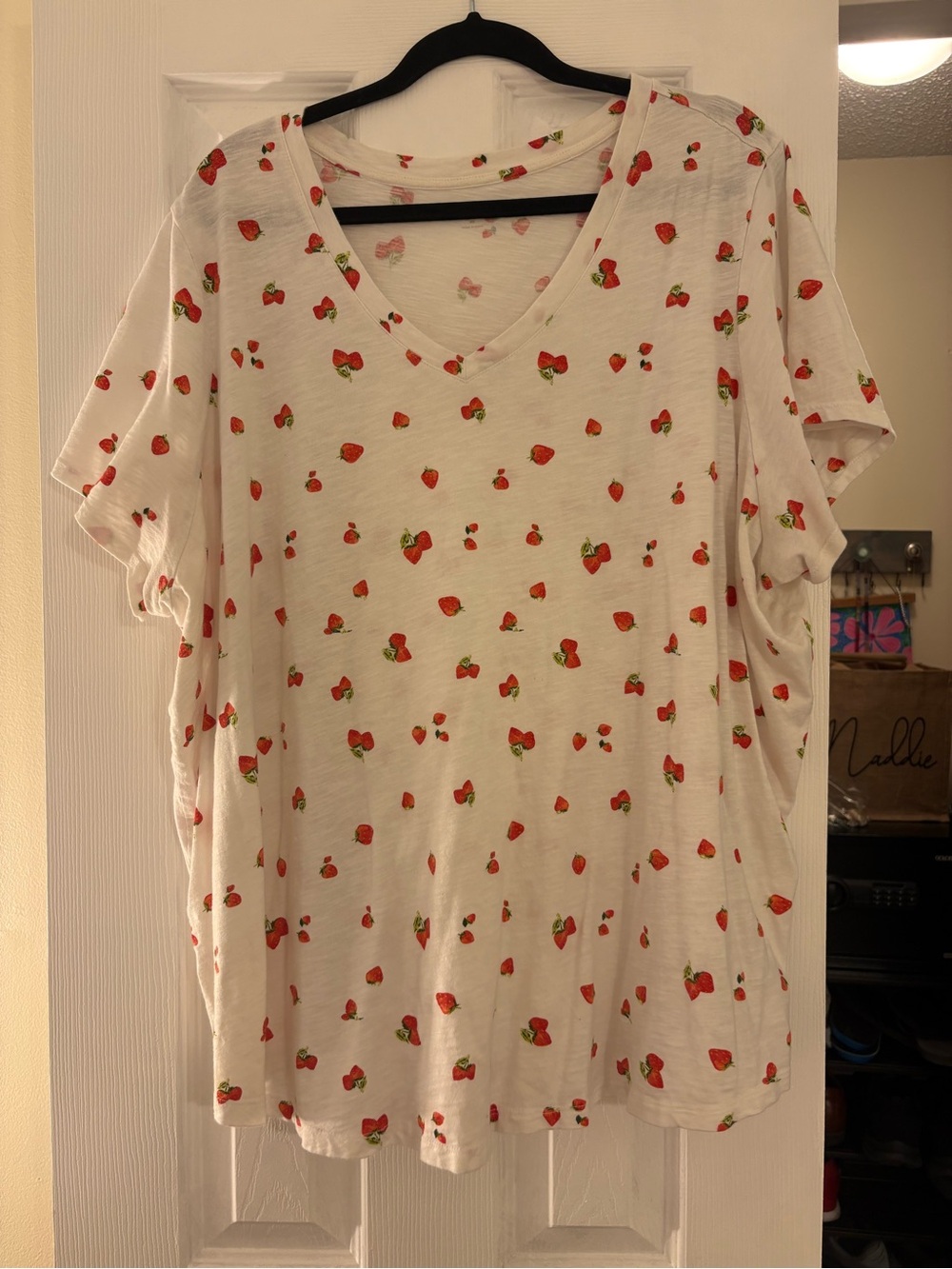 Old Navy White V-Neck Tee with Red Strawberry Print